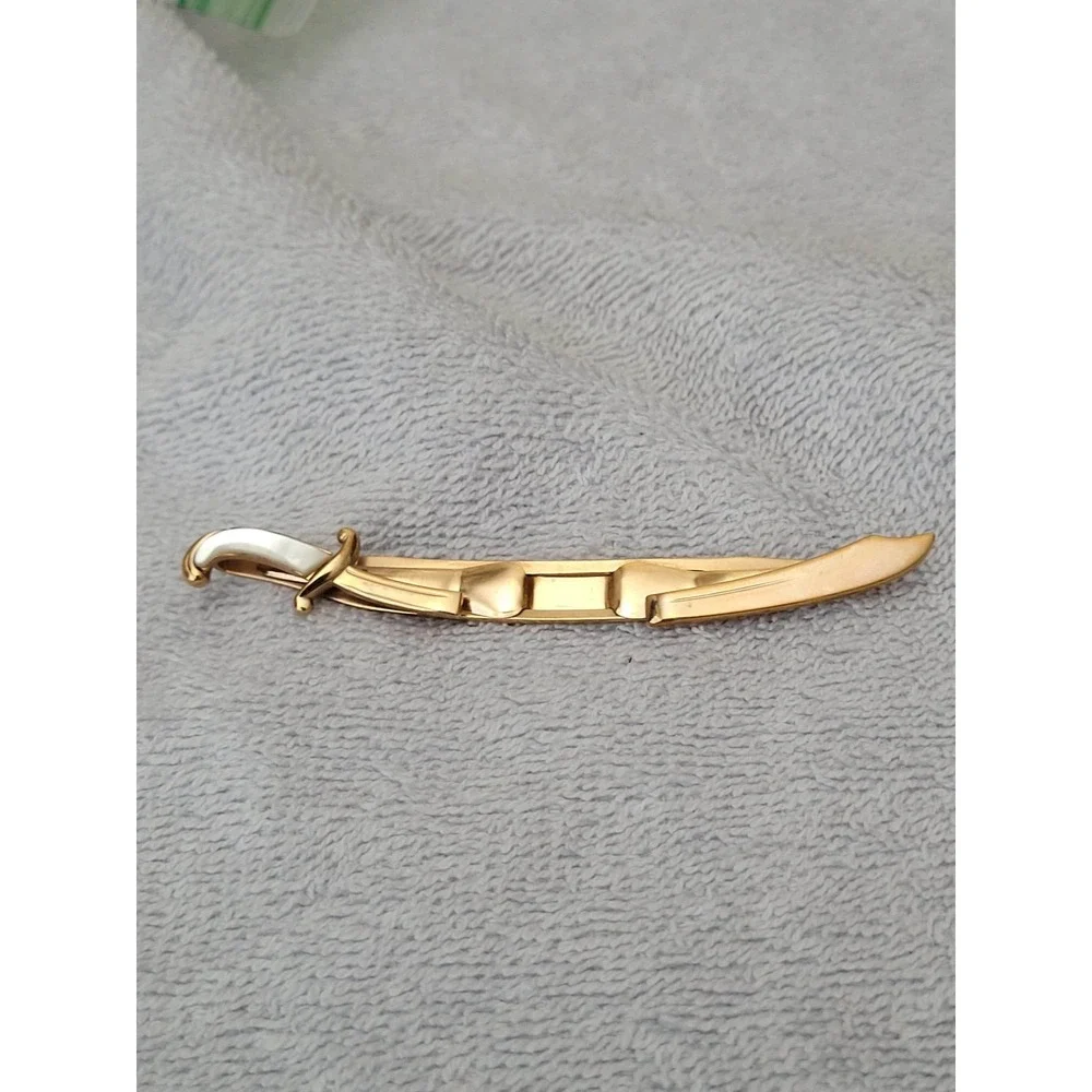 Vintage Swank Goldtone Sword Scimitar Tie Clip Bar Mother of Pearl Handle